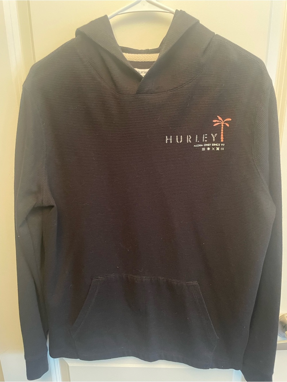 Hurley Black Hooded Waffle Knit Pullover with Orange Palm Logo